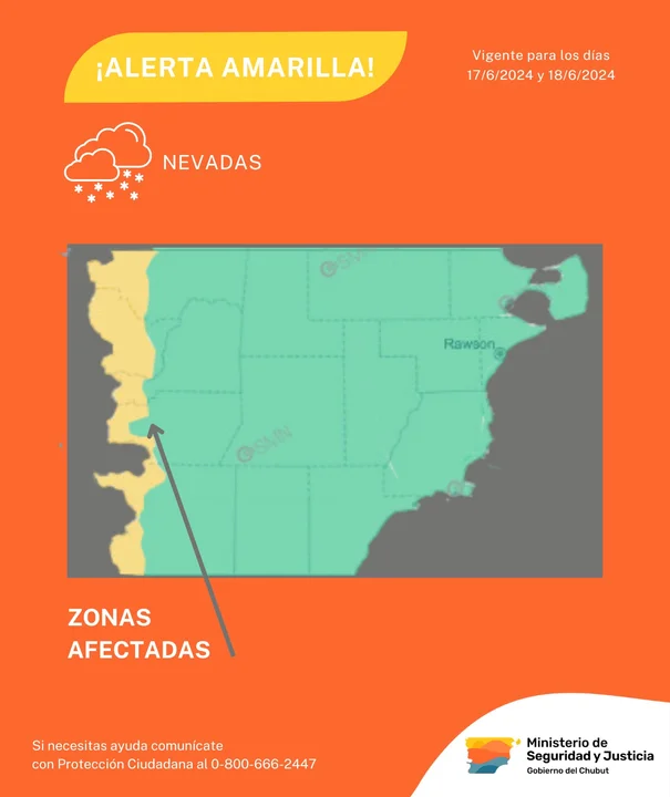 Alerta Amarilla por nevadas persistentes en la Cordillera de Chubut