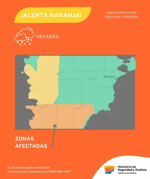 Alerta amarillo y naranja por nevadas en un amplio sector de Chubut