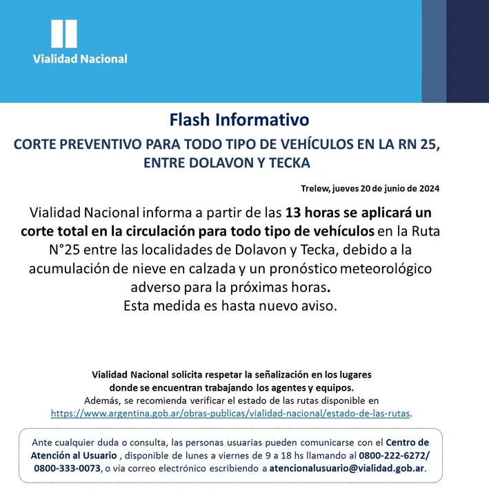 Atención: Cortaron la Ruta 25 entre Tecka y Dolavon