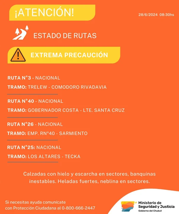 Extrema precaución al circular por presencia de hielo en rutas de Chubut