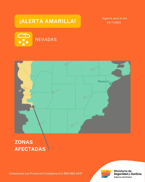 Alerta amarilla por nevadas para la cordillera de Chubut