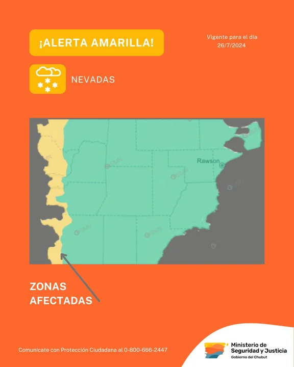 Alerta amarilla por nevadas y fuertes vientos en Chubut: qué zonas afectará