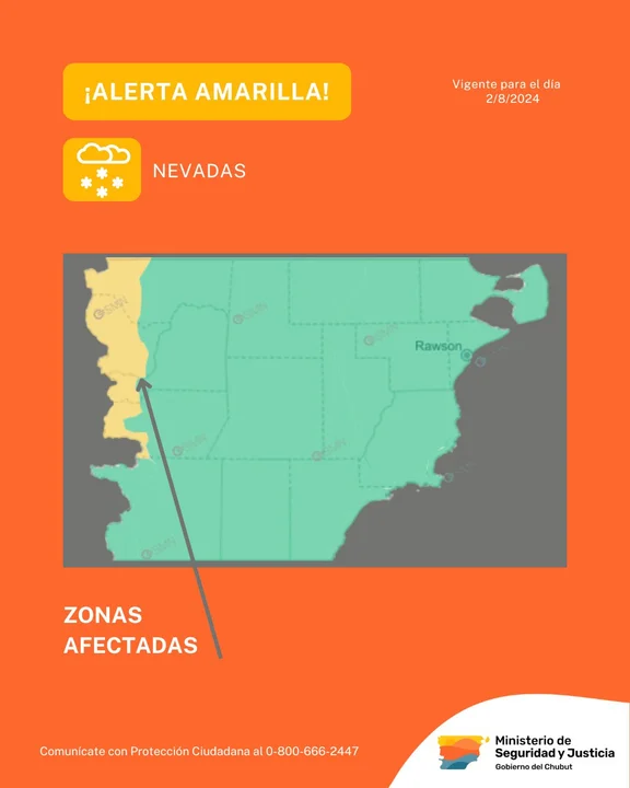 Emiten alerta amarilla por nevadas para la cordillera de Chubut