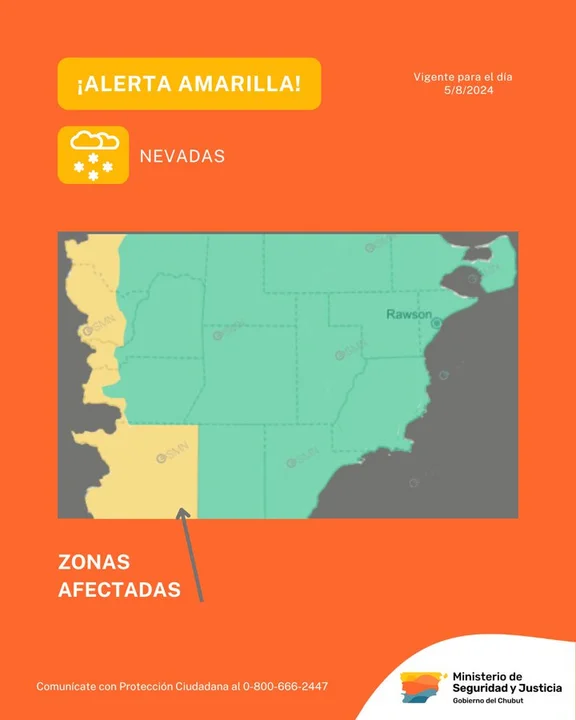 Alerta amarilla por nevadas intensas en parte de la provincia del Chubut
