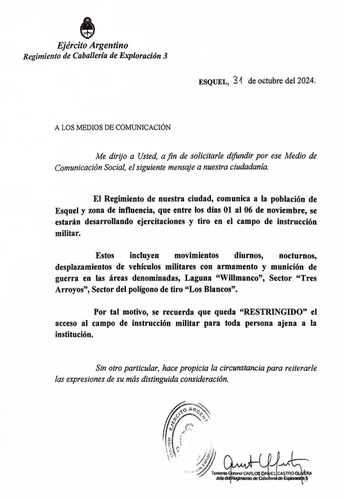 Durante una semana estará restringido el acceso al campo de instrucción militar en Esquel