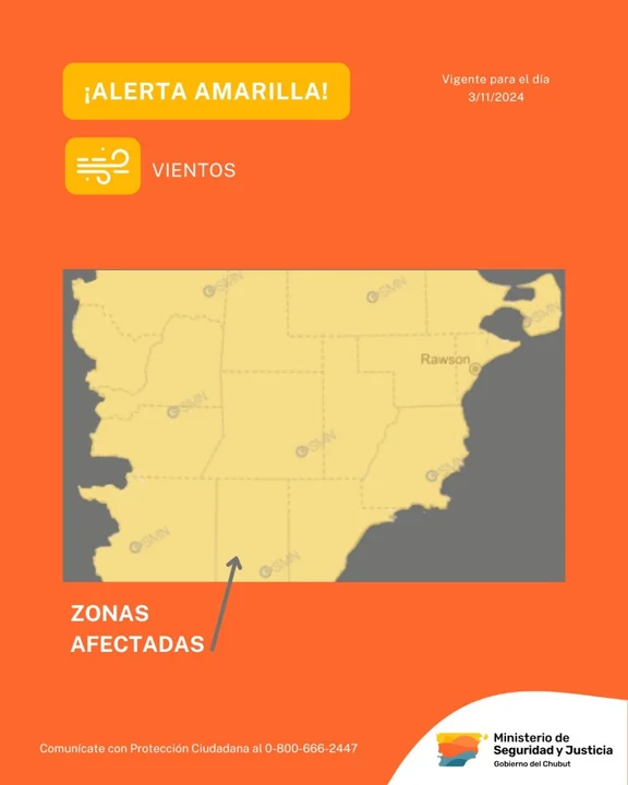 Rige un alerta por fuertes vientos en la provincia de Chubut